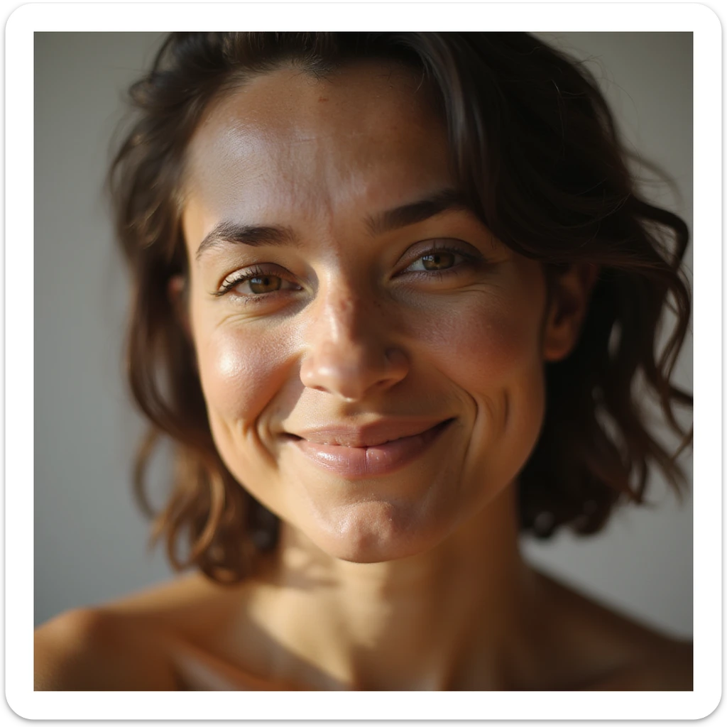 hyperrealistic 4K intimate portrait of a confident woman with PCOS, natural facial hair and acne shown naturally, smiling warmly, soft sunlight highlighting her features, warm and inviting tones, celebrating natural beauty, raw and unfiltered sticker