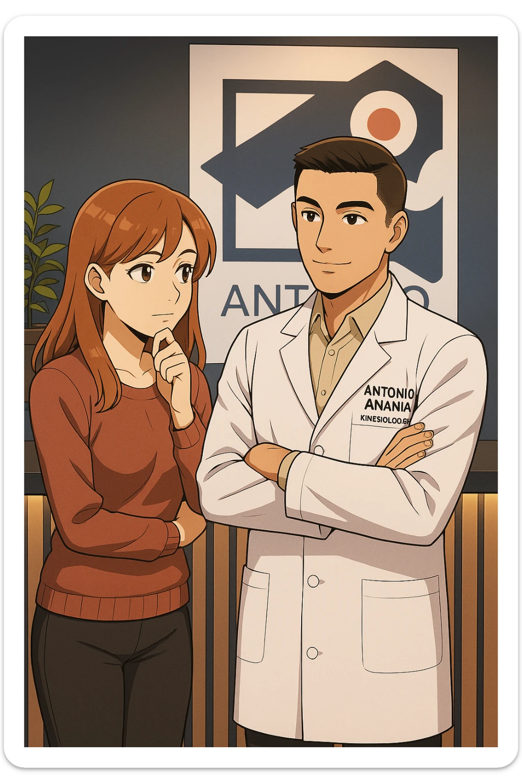 su questo stile fai un manga/webtoon a colori in cui una donna SI TOCCA IL MENTO CON L'INDICE MENTRE ASCOLTA PENSIEROSA L'UOMO, l'uomo della foto in stile manga LE SPIEGA CHE DEVE PROVARE LA SUA VALUTAZIONE MEDICA, mantieni un ambiente simile alla foto che ho allegato con il suo logo (sarebbe il suo studio, lui è un kinesiologo), scrivigli "ANTONIO ANANIA" sul camice bianco, non mettere fumetti, ma fai in modo che sembri che la donna ASCOLTI l'uomo sticker