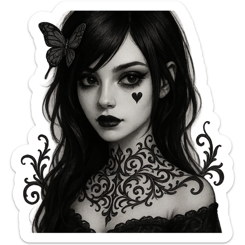 elegant emo girl with heart face, gothic filigree, butterfly hairpin, dark hair, mysterious vibe sticker