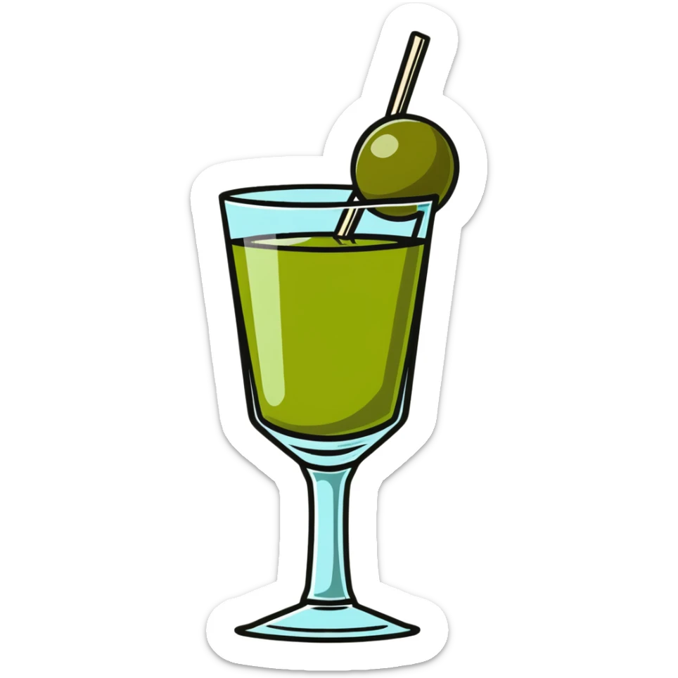 classic cocktail glass with perfectly clear colorless liquid like pure water, completely transparent with no tint, containing a green olive speared on a toothpick at the bottom sticker