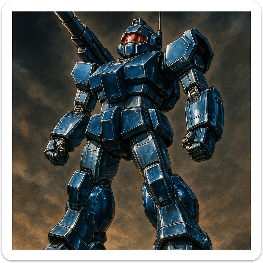 HI-METAL R Dougram, standing, classic anime mecha, metallic blue and gray, heroic stance sticker