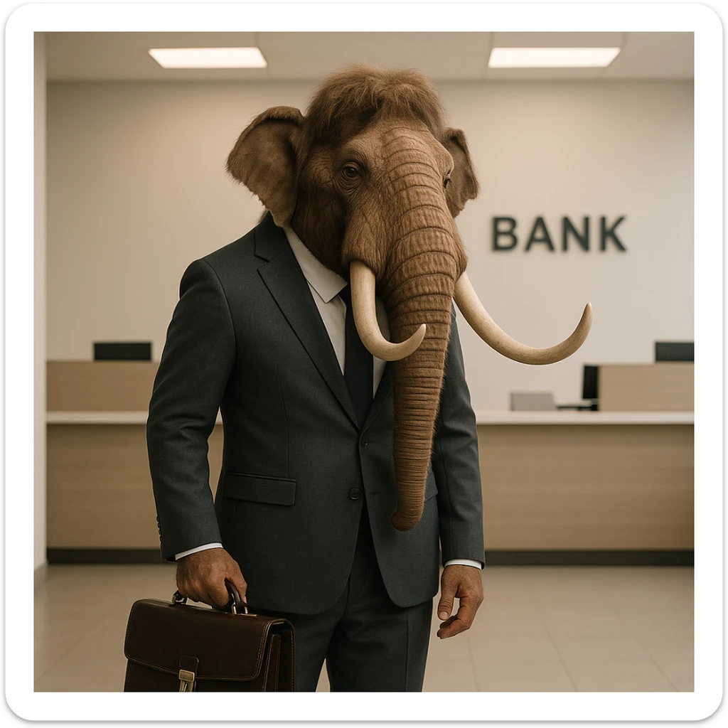 mamut elegante con saco y portafolio, ambiente de banco, fondo minimalista sticker