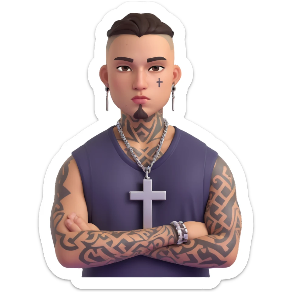 tough gangster with teardrop and cross tattoos on face, wearing streetwear, confident pose sticker