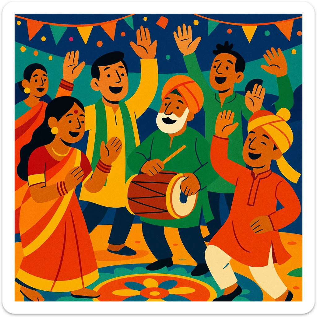 a group of Indian people celebrating a festival, joyful, bright colors sticker