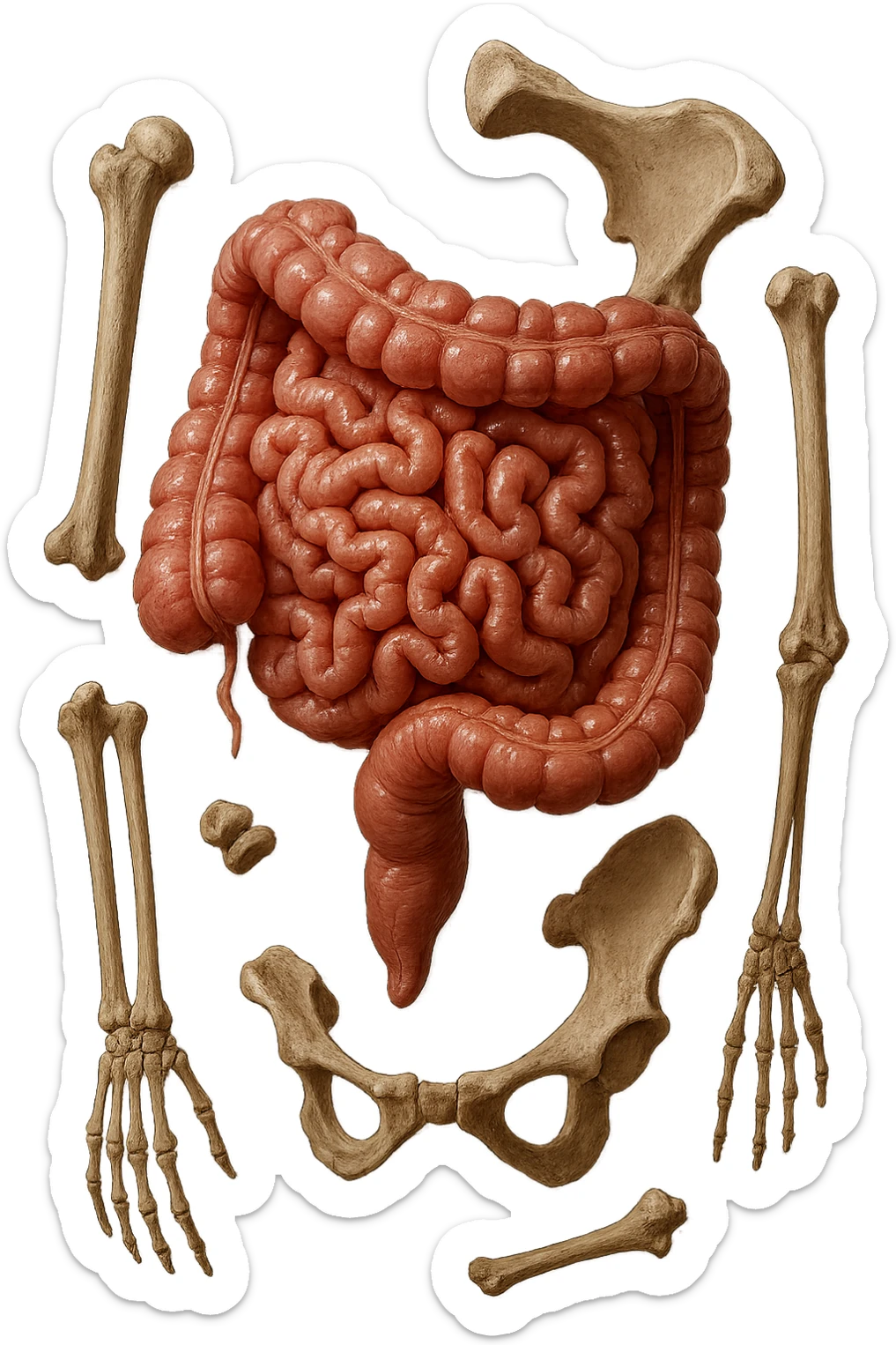 intestino umano anatomico e ossa umano anatomico fluttuano in aria, iperrealistico 4k sticker