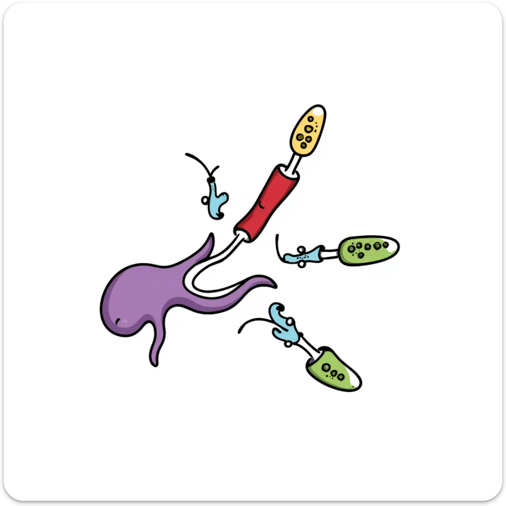 Anatomical diagram of anti-diabetic mechanism: purple pancreas releasing blue insulin molecules, red blood vessels with yellow glucose particles, green cell receptors accepting insulin. Hand-drawn illustration showing glucose regulation with arrows indicating reduced blood sugar levels. sticker