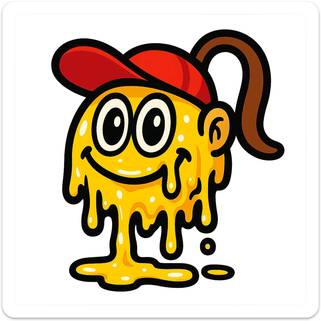 Diddy Kong as a melting smiley face, cartoon style, big eyes, gooey texture sticker