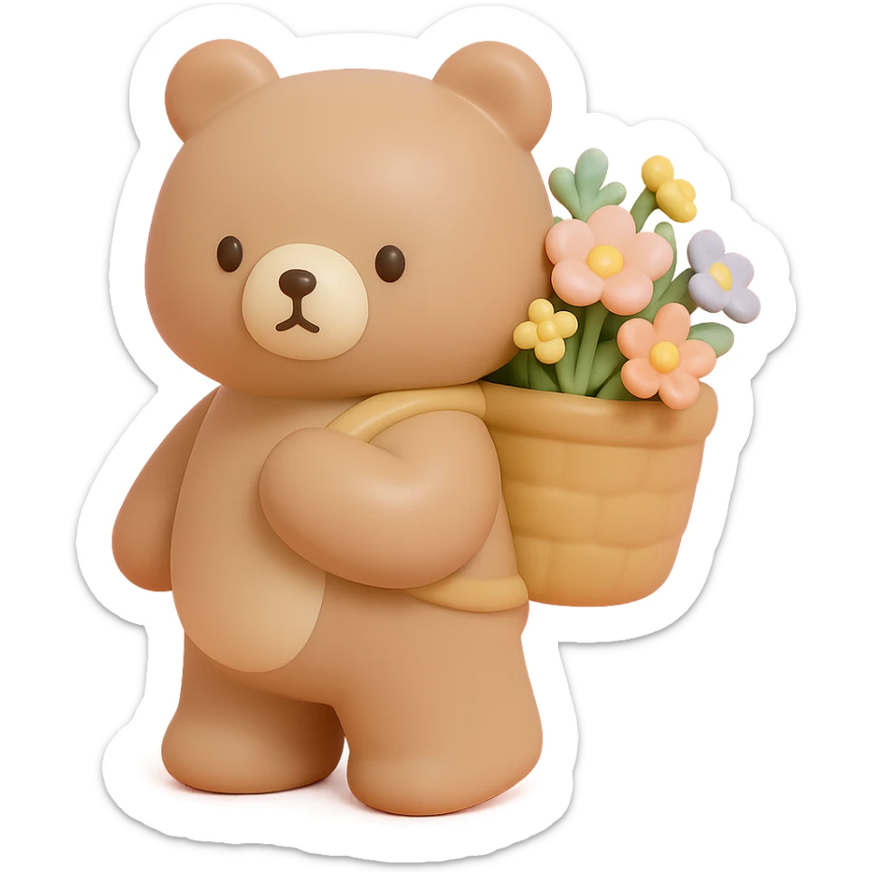 bear carrying a basket of wildflowers, soft pastel brown and cream, vinyl figure style sticker