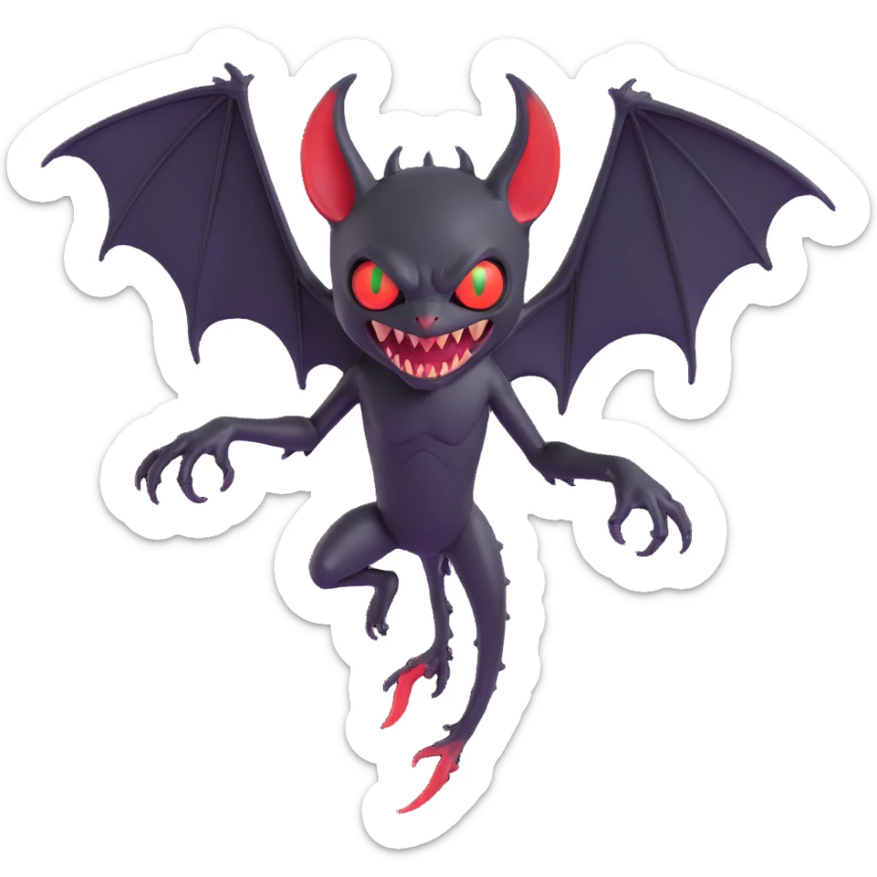 an all black reptilian bat-like creature. One cyclopian red eye in its face. no visible mouth or ears. 2 hind legs with claws. has a long tale with a stinger that drips green poison. no ears. no horns. no arms. visible bone-like stinger at end of tail sticker