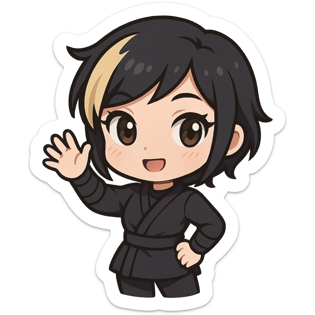 Chibi ninja girl with black short hair and a blonde streak, big head, small body and arms, not overly round or infant-like, cute and playful, anime-style face with large expressive eyes, small nose and mouth, subtle blush, hand fully raised, waving to the left, smiling, pastel colors, soft shading, clean outlines, no mask, transparent background, face looks sexy with slightly parted lips, confident gaze, longer lashes, subtle contouring. sticker