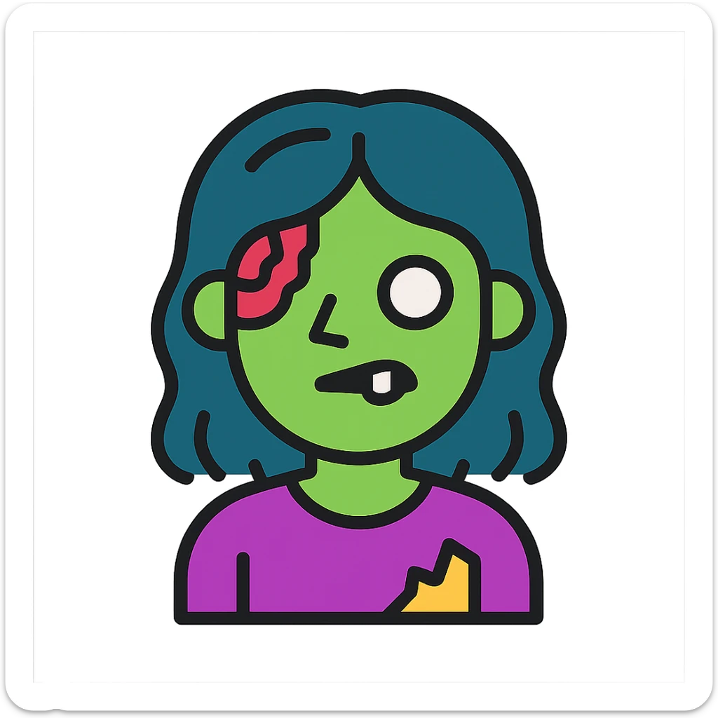 menino zumbi com cabelo comprido, ícone, estilo colorido, contornos pretos, detalhes mínimos sticker