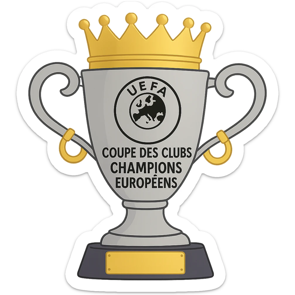 Add the UEFA logo and the text 'COUPE DES CLUBS CHAMPIONS EUROPÉENS' to the trophy, keeping the style simplified and cartoon-like. sticker