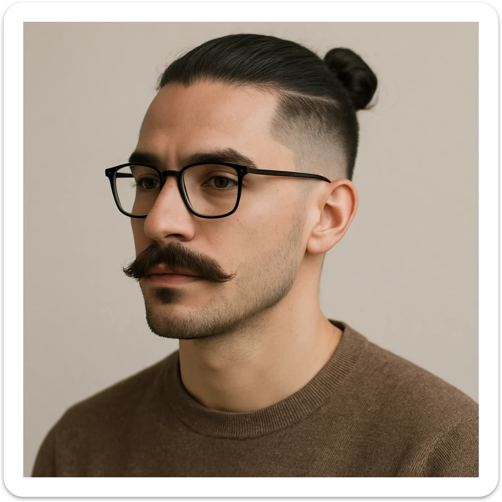 guy with a moustache and a man bun, low taper fade haircut, wearing glasses, neutral background sticker