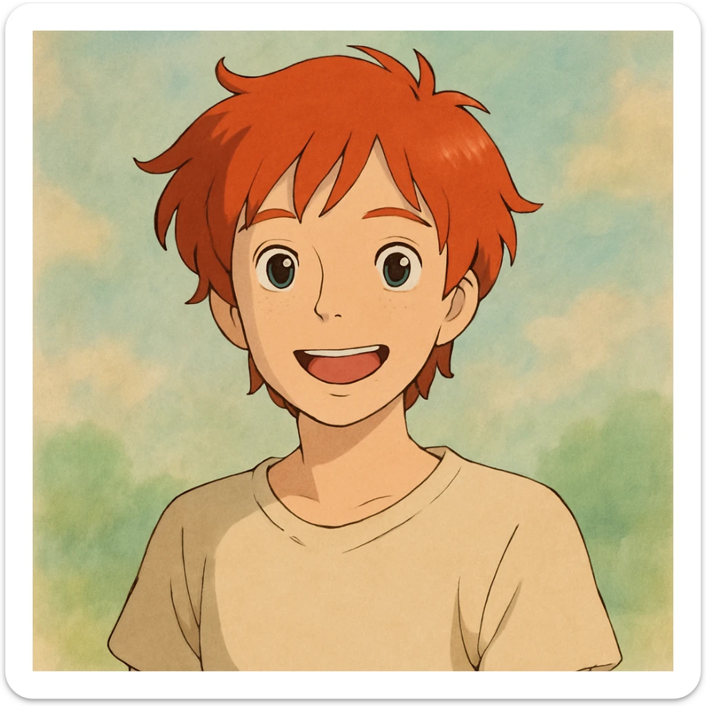 ghibli style portrait of an 18 year old young person with red hair, cheerful expression, simple clothing, soft background sticker