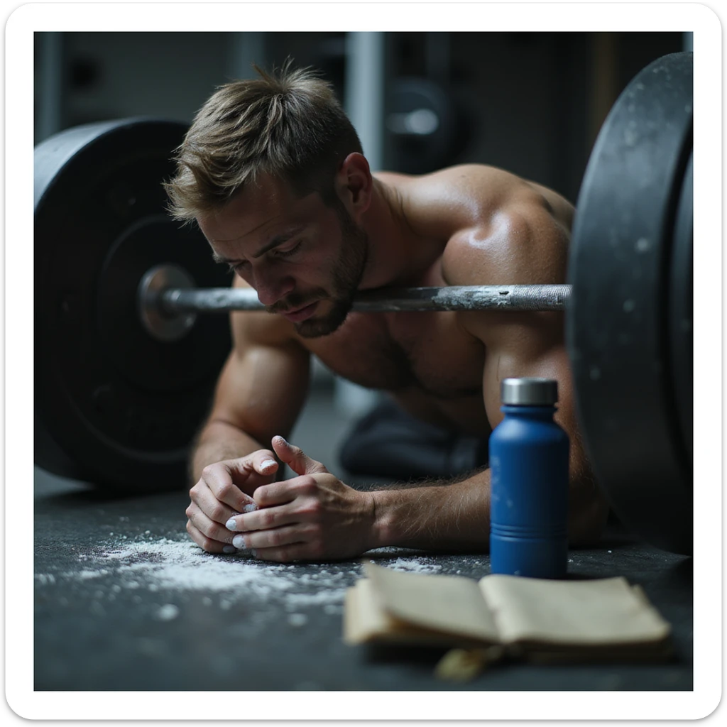 athletic 30-year-old man, tired but focused, doing heavy deadlift in gym, hands with chalk, training diary nearby, dark circles and redness on joints, water bottle, magnesium, belt on floor, blurred gym background, cold lighting, cinematic realism style sticker