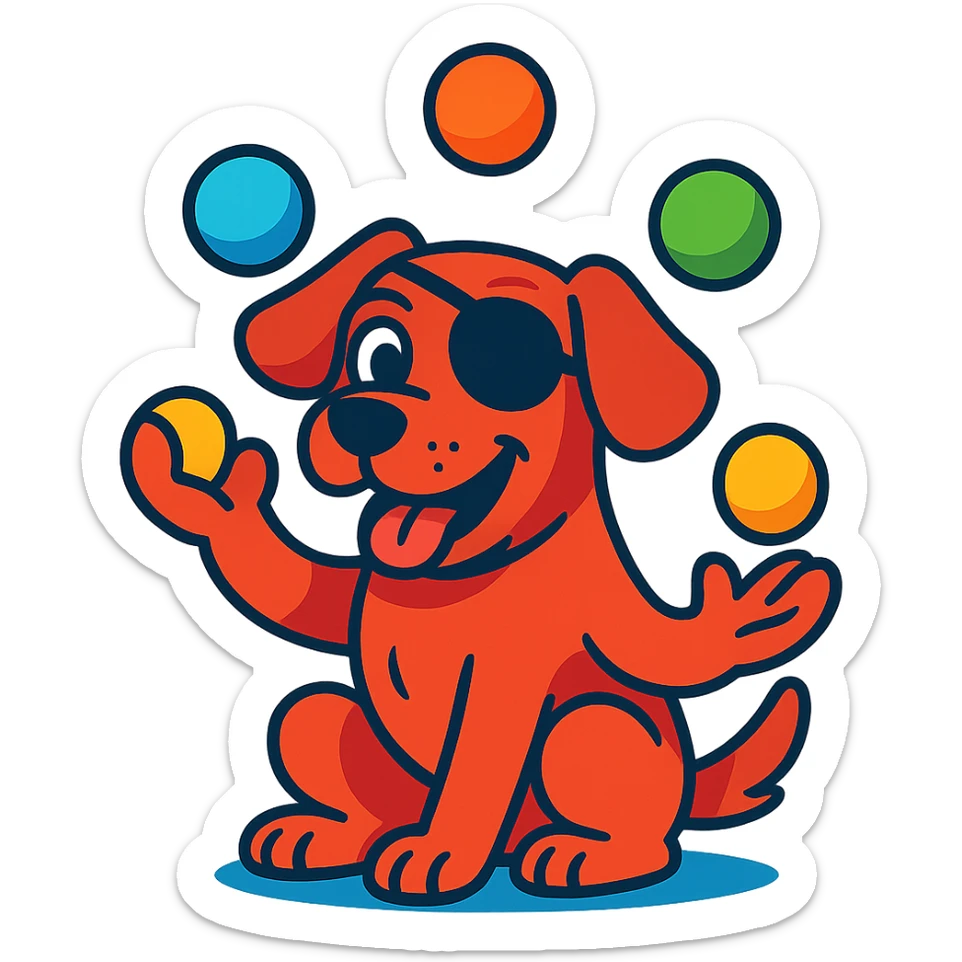 dog with red fur, blue eyes, wearing an eye patch, juggling colorful balls, cartoon style sticker