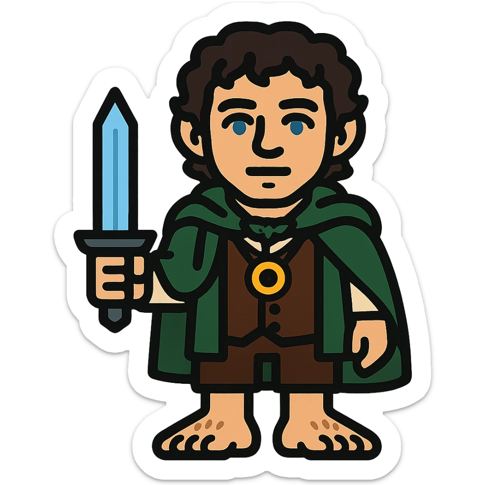 Whole body image of Frodo Baggins from the lord of the rings movie in pixel art style. Make Frodo look like the actor that portrayed him in the movie, Elijah Wood, blue eyes and dark curly hair. Frodo is wearing the same green elven cloak with the leaf buckle, brown vest, cream undershirt, dark brown leather short pants, and hairy hobbit feet. He is wearing a golden yellow ring on a necklace. he's also holding the same blue sword that bilbo is holding in the reference image. sticker