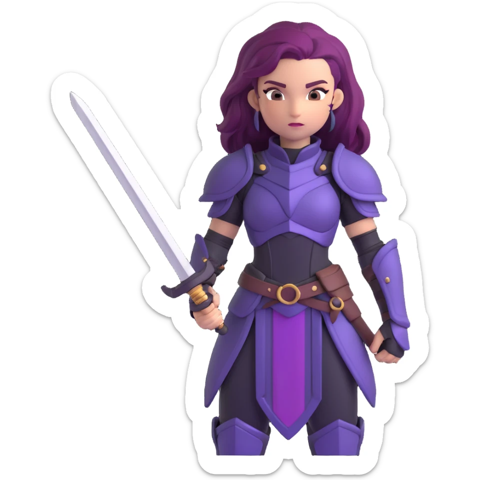 mysterious warrior girl with flowing purple hair, dressed in black armor, holding a sword, emoji style sticker