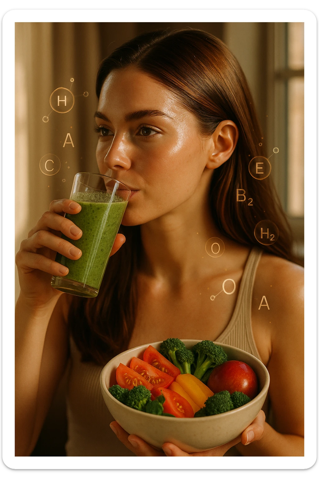 A highly realistic, cinematic portrait of a young woman in her late 20s with glowing, clear, healthy skin and a vibrant scalp with strong, shiny hair, symbolizing internal health reflecting outward. She has a calm, confident expression while sitting by a window with warm daylight softly illuminating her face, highlighting smooth, hydrated skin with a natural glow. Her hair appears clean, full, and strong, indicating a healthy scalp and balanced sebum production. She is drinking a glass of green smoothie rich in antioxidants and holding a bowl of colorful fruits and vegetables, symbolizing how internal nutrition supports skin and scalp health. Subtle, softly glowing overlays of molecular symbols for vitamins, minerals, and hydration molecules gently swirl around her, visually representing the concept of beauty and skin health from the inside out. Style: 35mm hyperrealistic film look, warm tones, soft depth of field, focusing on clear skin texture, healthy scalp, and vibrant hair to inspire holistic wellness sticker