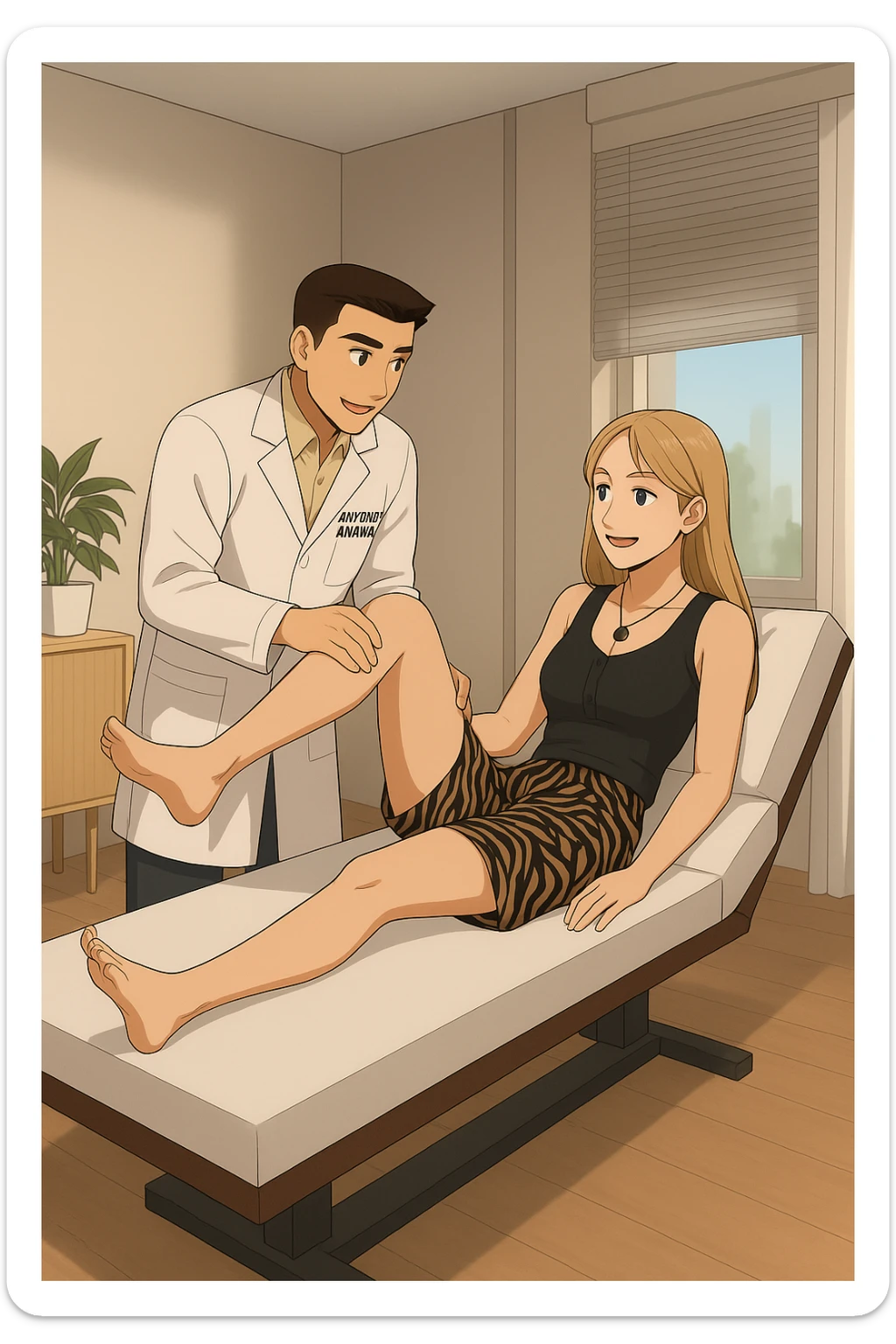 fai un webtoon/manga a colori con questo kinesiologo in camice bianco (fagli la scritta "ANTONIO ANANIA" SUL CAMICE) CHE SVOLGE UN TEST NEUROMUSCOLARE SOLLEVANDO UNA GAMBA ALLA RAGAZZA CHE è STESA SU UN LETTINO BIANCO. STANZA SEMPLICE E MODERNA, DURANTE IL TEST I DUE DIALOGANO TRA LORO. NON FARE I FUMETTI, FAI SOLO LORO COME SE DIALOGASSERO sticker