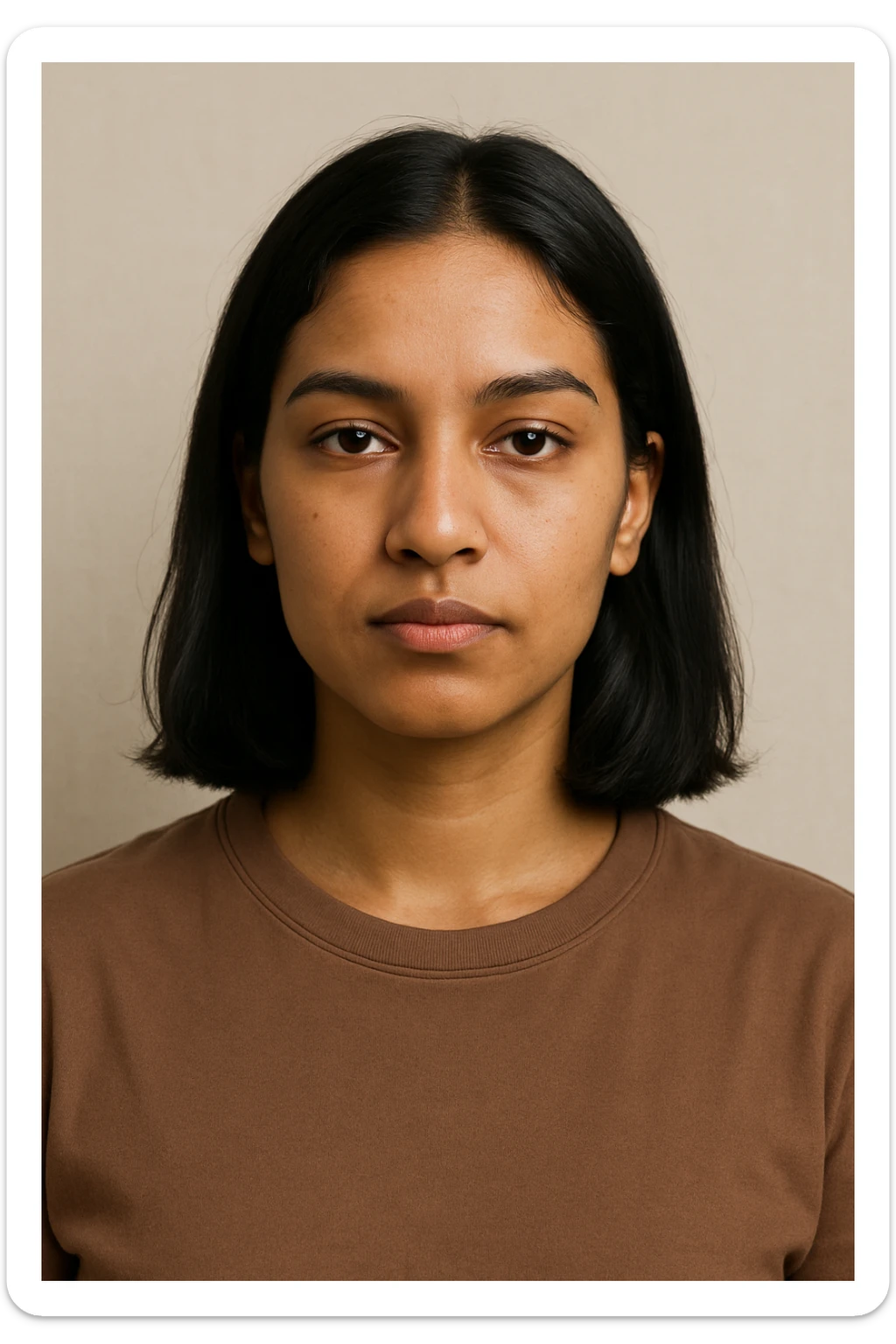 portrait of a light brown skinned female with shoulder length black hair, neutral expression, simple background sticker