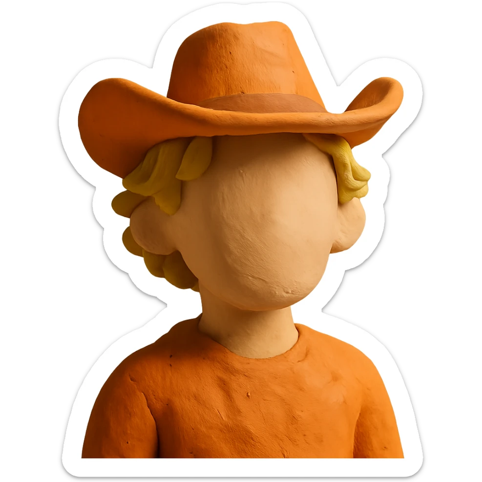 claymation style young man with wavy blonde hair, blank face, orange cowboy hat sticker