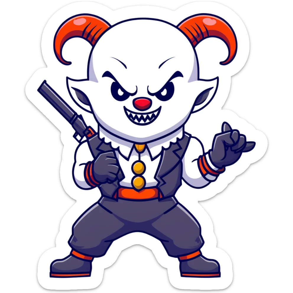 full-body muscular demonic clown in a black and white leisure suit with bellbottom pants, bald, with black ram horns, flashy black and white belt, ruffled white shirt, no neck tie, large fangs, holding a very large futuristic rifle sticker