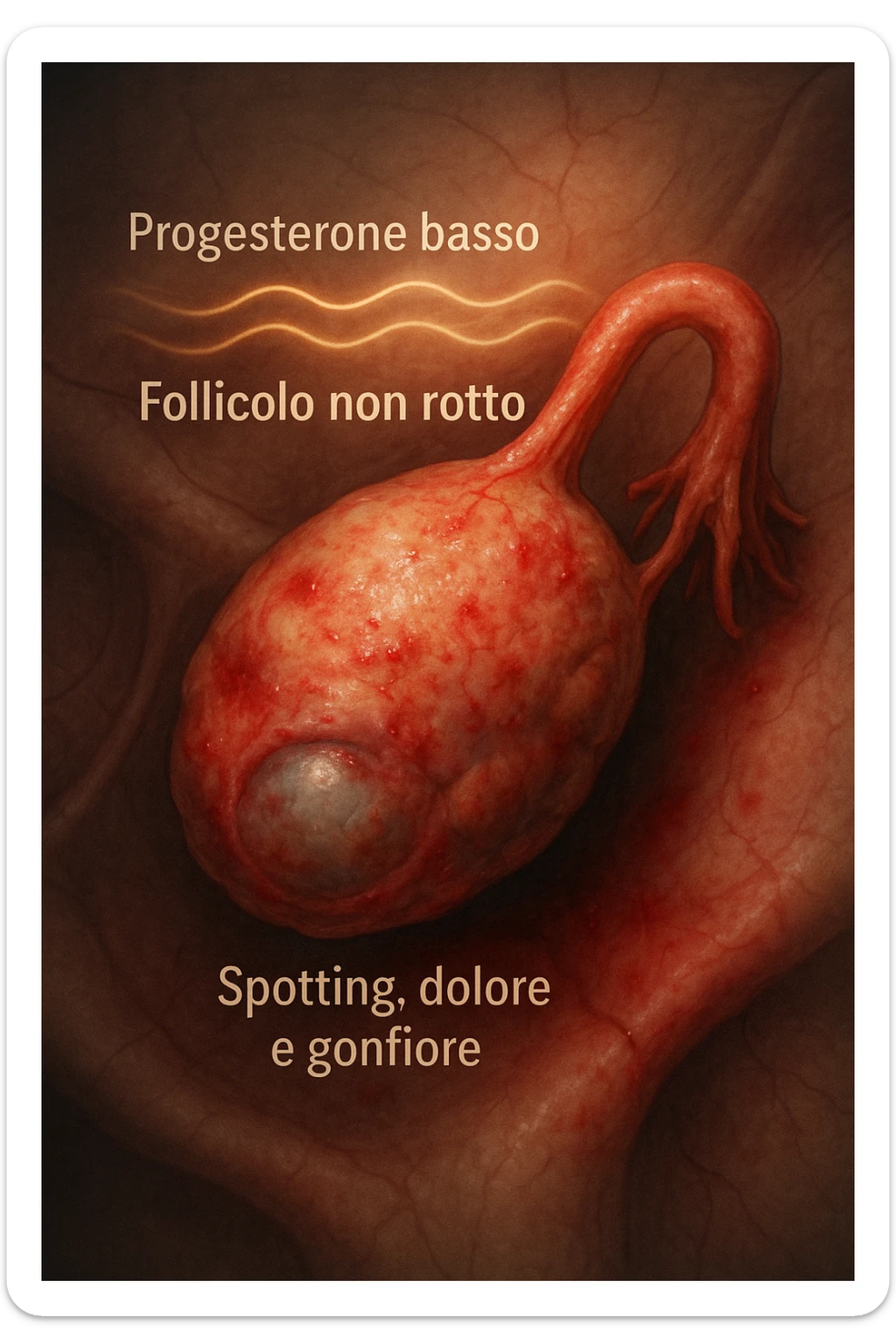 realistic and cinematic illustration of an ovary with an unruptured follicle, low progesterone, hormonal fluctuations, symptoms of spotting, pain and swelling, clinical details, captions in Italian sticker