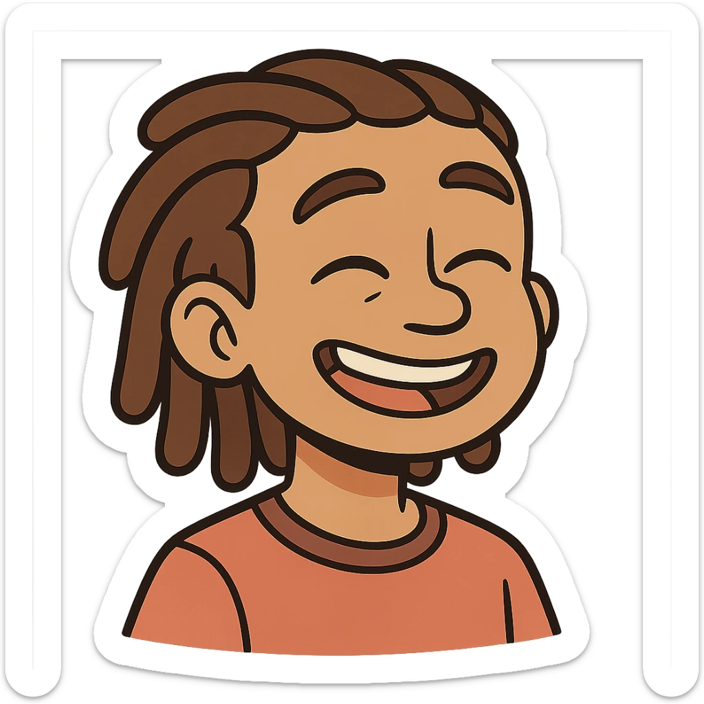 boy with light skin and dreads, smiling, headshot, cartoon style sticker