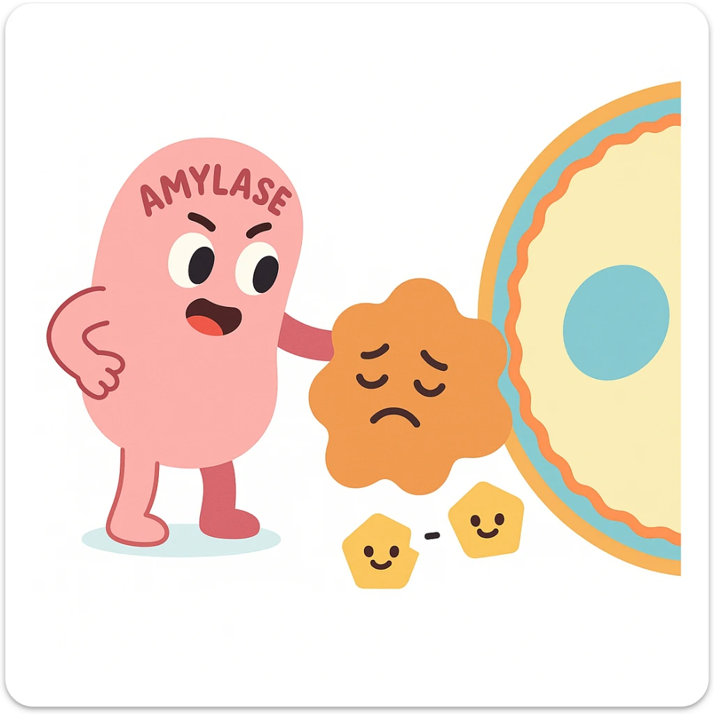 Ultra-detailed illustration of enzyme digestion: amylase breaking starch into sugars near a cell membrane. Clean white background, no text. Scientific but simple sticker