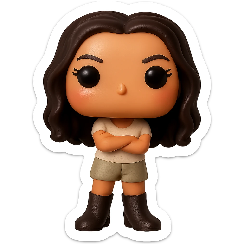 Enhance the quality of the image with smooth golden peach skin and a healthy glow, dark hair with subtle auburn highlights, dark greige leather boots, textured clothing (cream top, greige bottom), arms crossed, rosy cheekbones, very subtle freckles, no neck visible, eyebrows with a mischievous and playful expression, no mouth, transparent background. Maintain the original style and details from the reference image. sticker