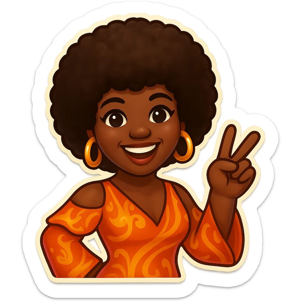 Create an emoji of a female African American in 1970s disco style with a pose with a peace sign, joyful expression, afro hairstyle, and a retro disco dress inspired by the reference. sticker