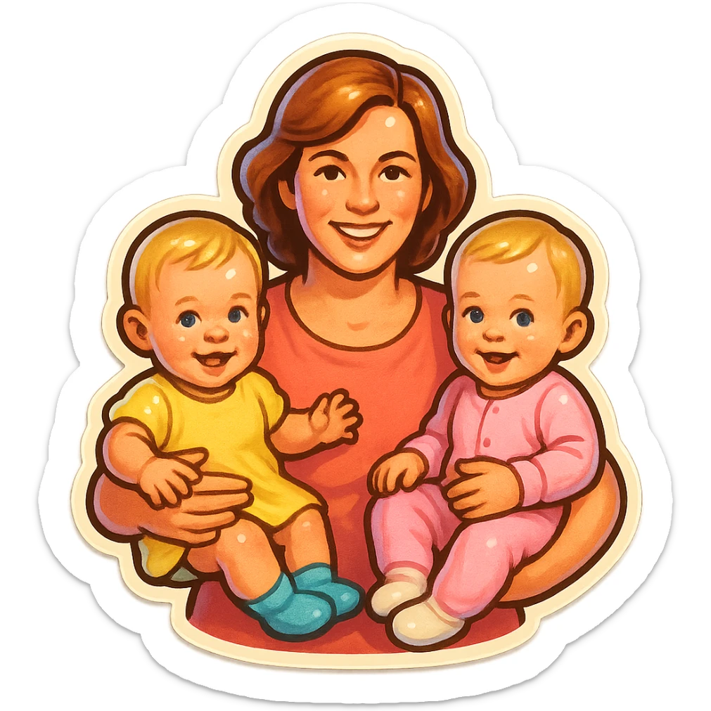 two one-year-old twin girls with short light hair sitting on the arms of their mother, pastel clothing, retro stickers style, soft light, different poses sticker