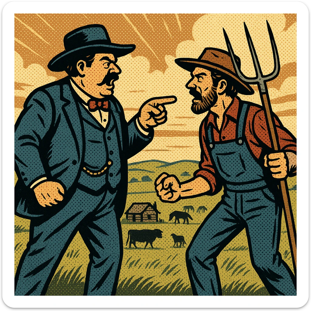 The full body of a wealthy cattle baron from the 1870s American West in an argument facing a homestead settler holding his pitch fork.  In the background is the Great Plains with cattle and horses sticker