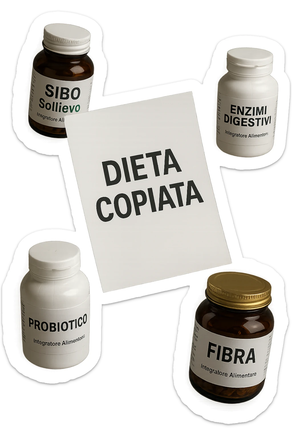 FOGLIO DI CARTA FLUTTUA IN ARIA CON LA SCRITTA "DIETA COPIATA", INSIEME A BARATTOLI DI INTEGRATORI PER CURARE IL SIBO IN ITALIANO, IPERREALISTICO 4K, NON DISEGNATO sticker