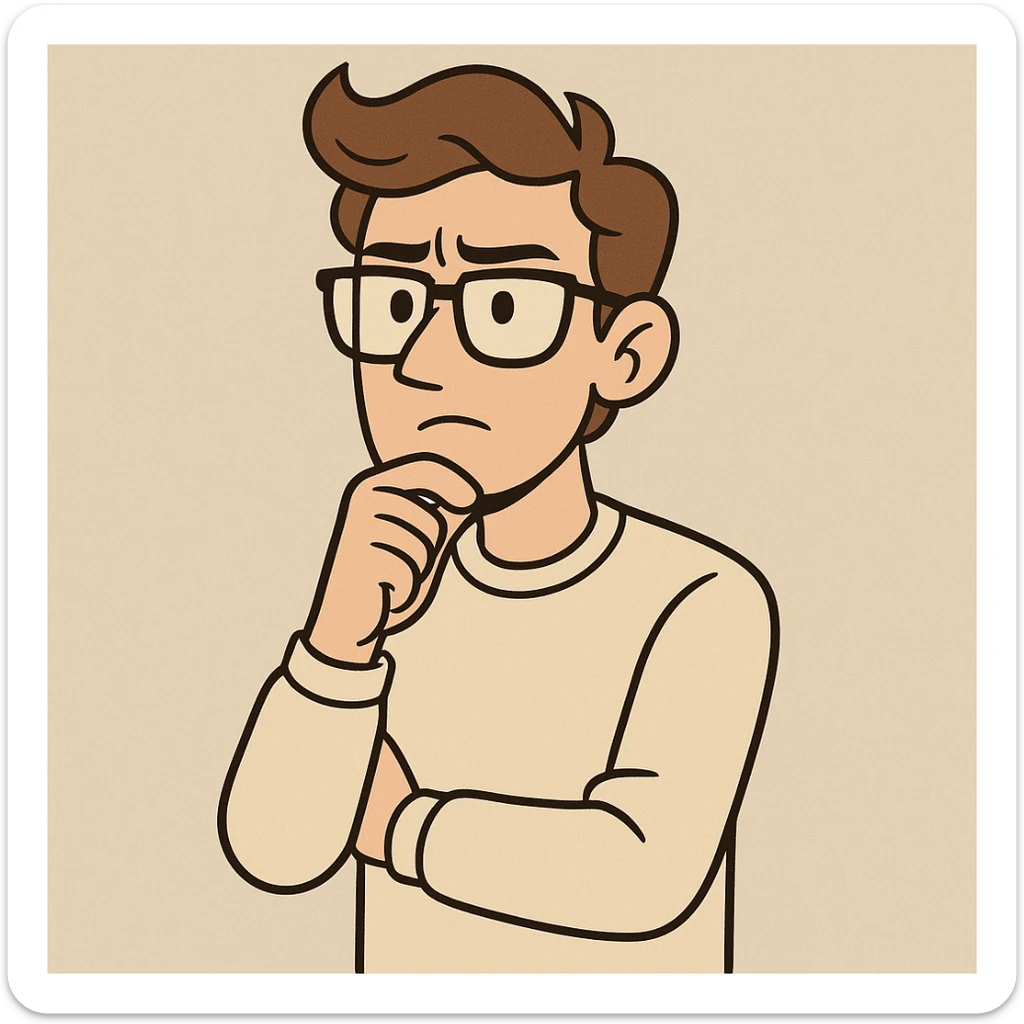 young brown-haired man with white skin, intellectual pose, neutral background, modern style sticker