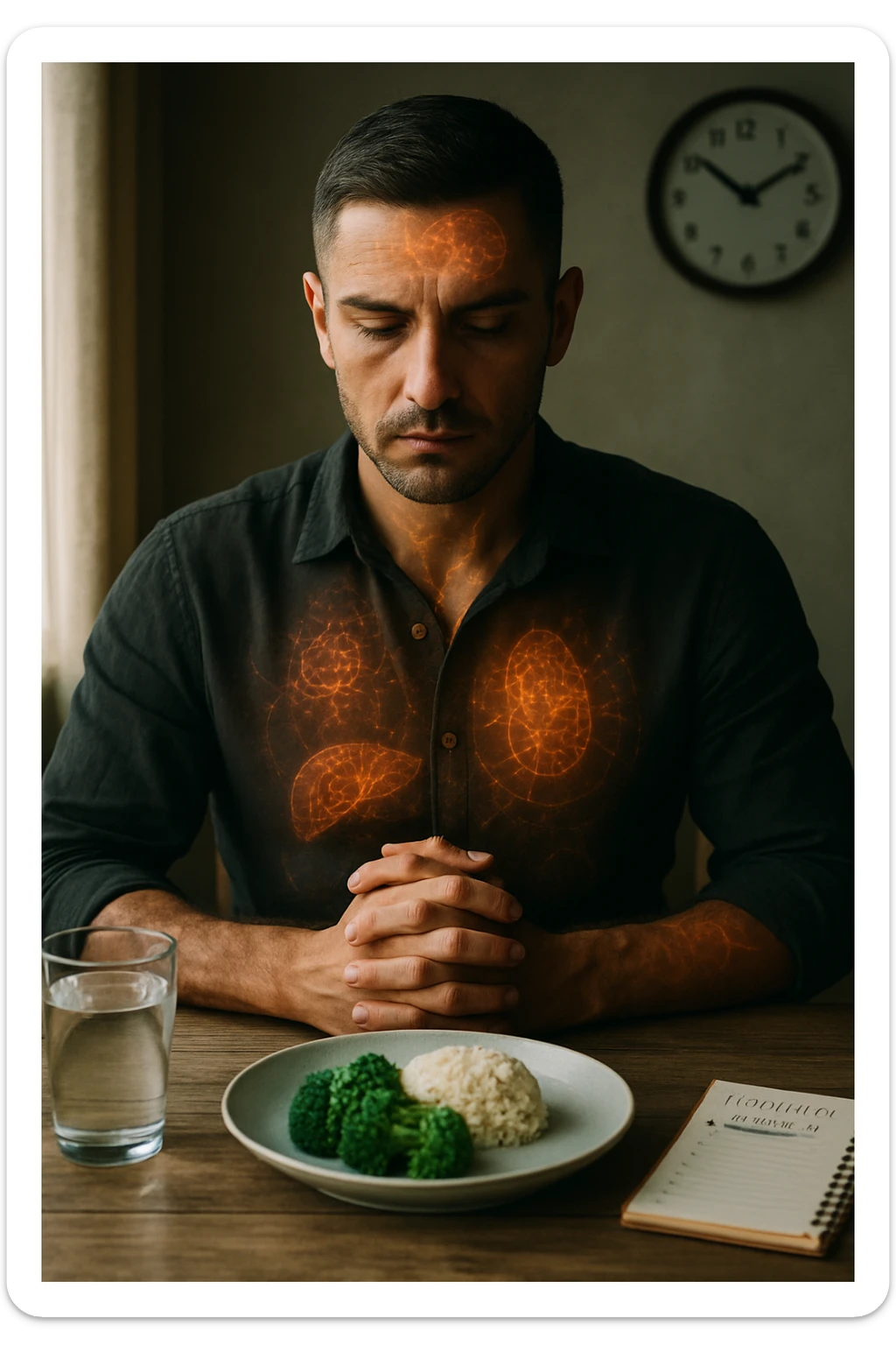 A cinematic close-up of a focused man in his mid-30s with slight beard and tired but determined eyes, sitting alone at a simple wooden table with an untouched plate of food in front of him. His hands are clasped, fingers interlocked in a meditative position over his lower abdomen, symbolizing willpower and internal balance. He wears a lightweight natural fiber shirt, sleeves rolled up. The lighting is soft and natural, early morning light coming from a nearby window. Around him, visual cues of cellular regeneration — faint glowing patterns subtly overlaying his body, especially near the liver, gut, and brain, suggesting autophagy and deep healing. The room is minimalist: a glass of water, a notebook with fasting hours, and a clock in the background ticking calmly. The tone is serene, intentional, and deeply introspective. Shot in 35mm cinematic style, warm highlights and clean shadows. sticker