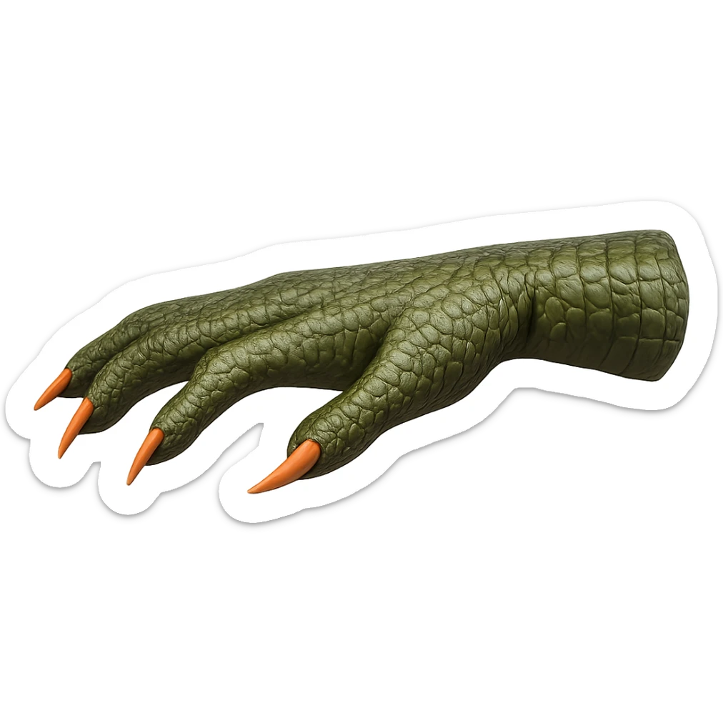 Side view of a realistic reptilian hand, palm facing down like the 🫳 emoji, textured scales and sharp claws, no background. sticker
