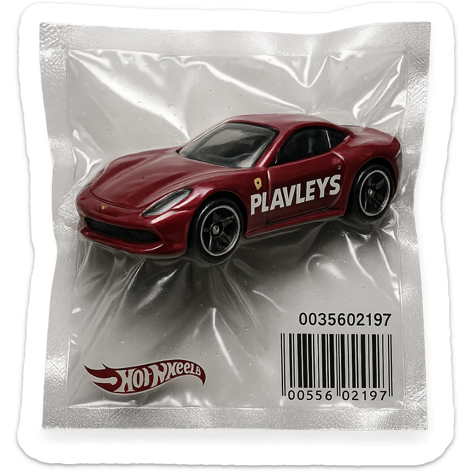 burgundy Hot Wheels toy car Ferrari with the word 'PLAVLEYS' written on the side, glossy and puffy, vacuum-sealed style sticker