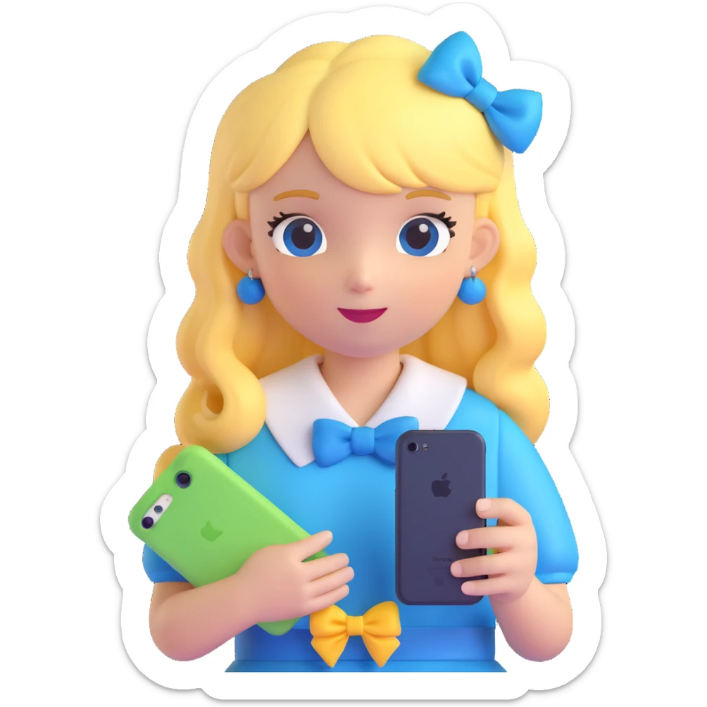 cute girl with yellow hair and blue bow holding an iPhone, clear and detailed, no background sticker