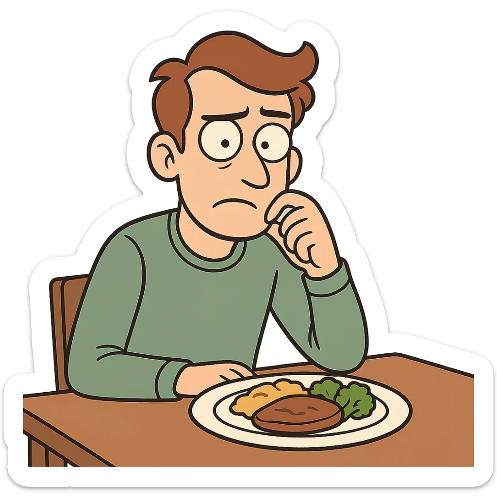 cartoon person sitting at a table with a plate of food, looking hesitant, one eyebrow raised sticker