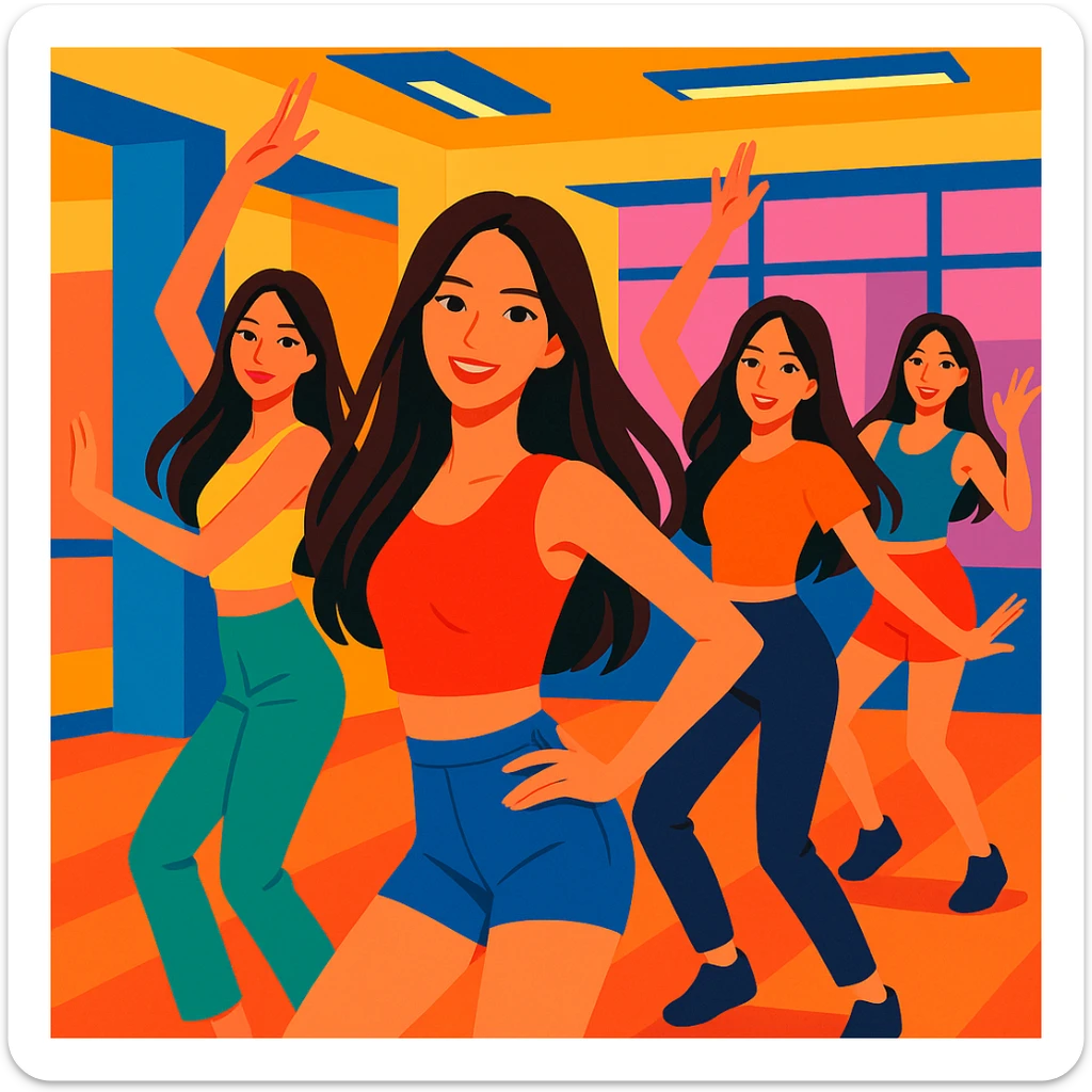 beautiful skinny women with long dark brown hair, kpop girl group at dance practice, energetic pose, modern dance studio background, vibrant toon style sticker