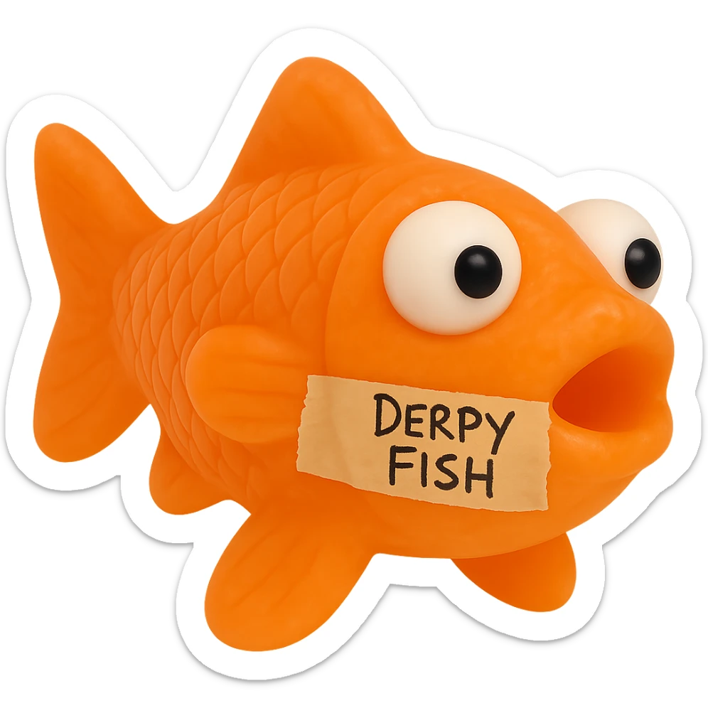 Replace the tag on the side of the fish with a piece of masking tape stuck across the whole side. The tape should have 'Derpy Fish' written in sloppy sharpie handwriting. Keep the fish exactly the same: bright orange, somewhat transparent, retro 90's toy look, derpy eyes, soft plastic, soft reflections, soft and squishy texture, some cloudiness, not shiny, highly detailed, appealing, and no background. The style is a bright orange, somewhat transparent, retro 90's toy look fish with derpy eyes and soft plastic texture, soft reflections, and some cloudiness, not shiny. sticker