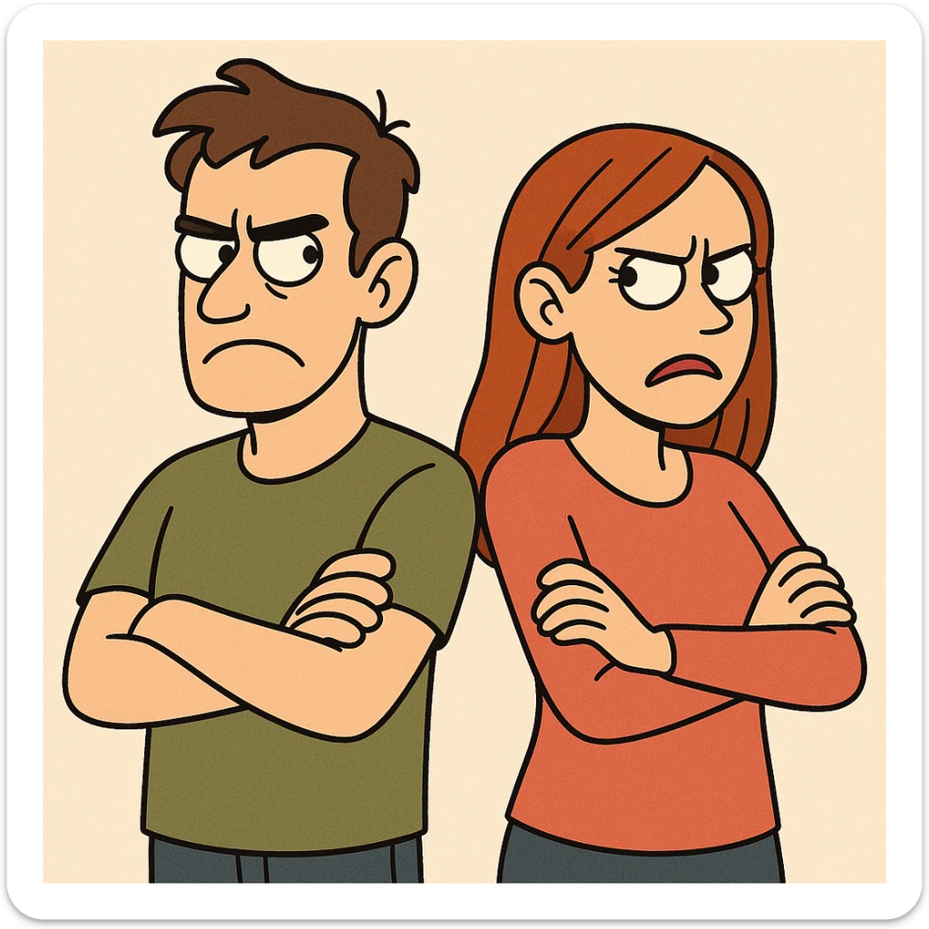 man and woman with crossed arms, tense faces, bold colors, flat-toon style sticker