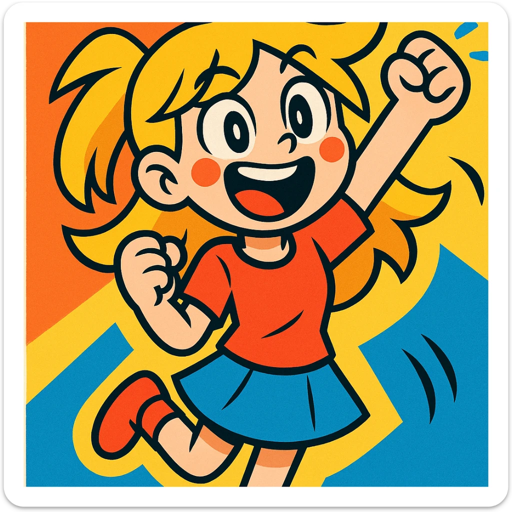 excited girl with blonde hair, pale skin, and silver eyes, vibrant energetic style sticker