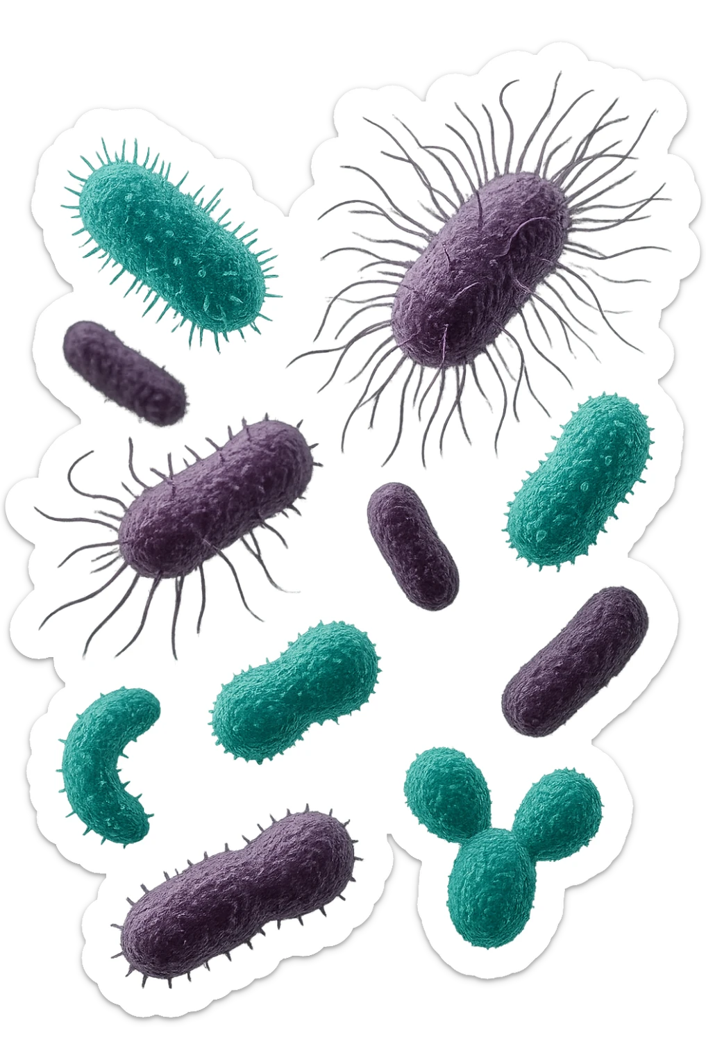 5 BATTERI BUONI E 5 BATTERI CATTIVI FLUTTUANO IN ARIA, I BATTERI BUONI FALLI TURCHESI, I BATTERI CATTIVI FALLI VIOLA, IPERREALISTICO 4K, NON DISEGNATO sticker