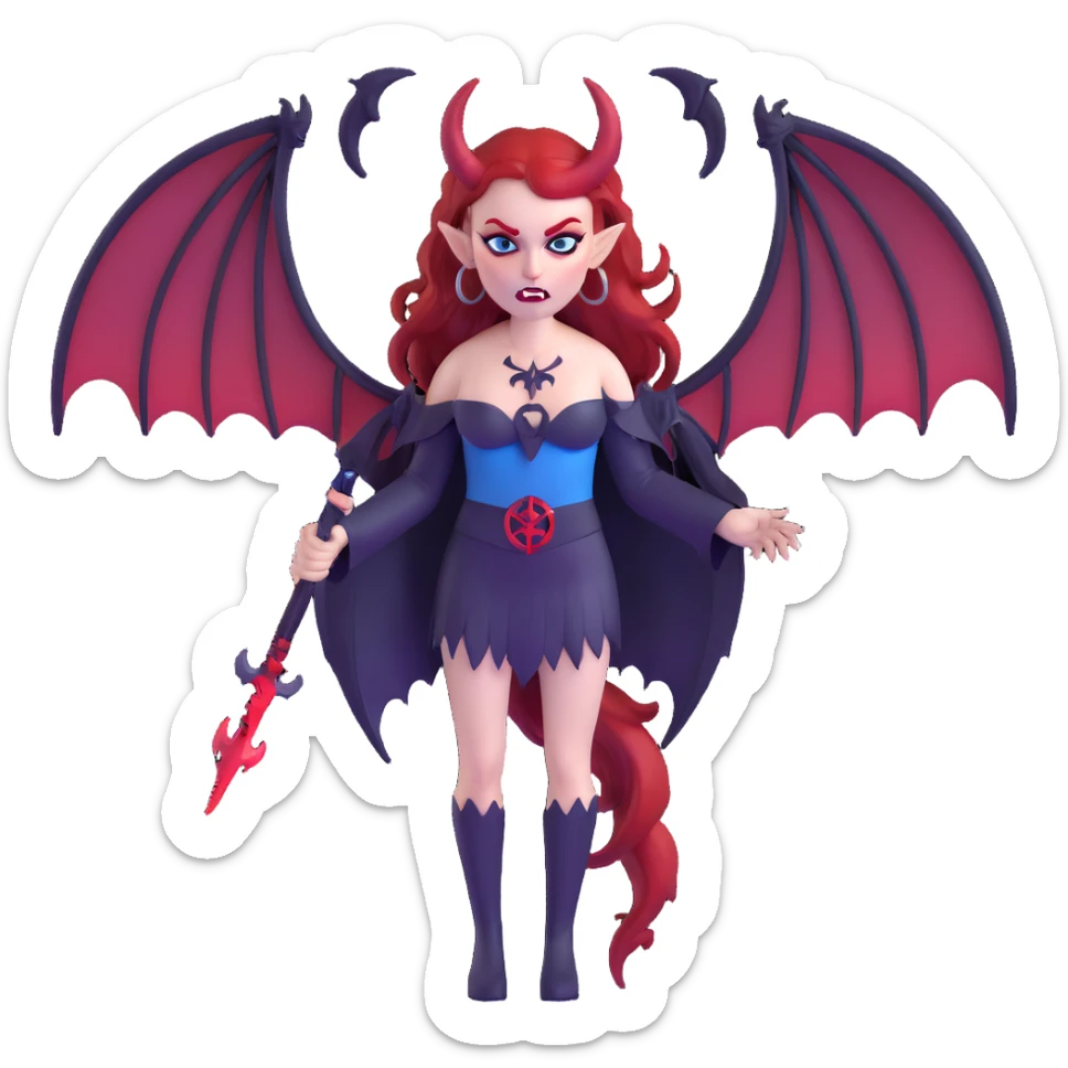 extremely diabolical demon girl with massive bat wings, blood red hair, sinister glowing blue eyes, dark hellish aura, sharp horns, fangs, pentagram sticker