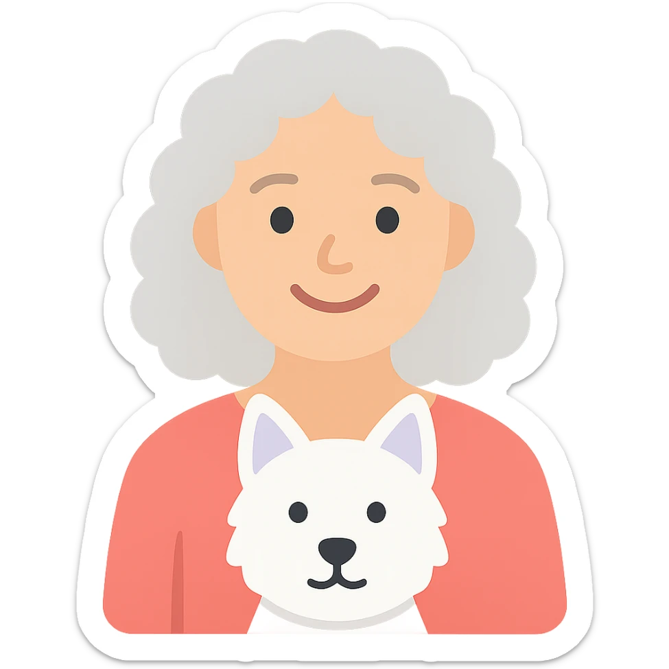 50-year-old pretty lady with silver curly hair, smiling, with a Westie dog, color icon sticker