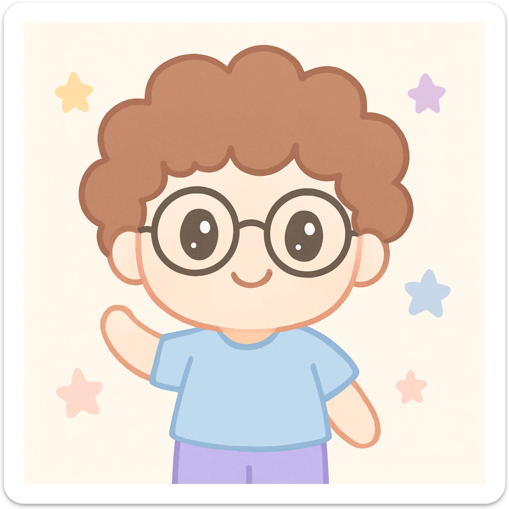 character with curly brown hair, eyeglasses, white complexion skin, cute cartoon style sticker