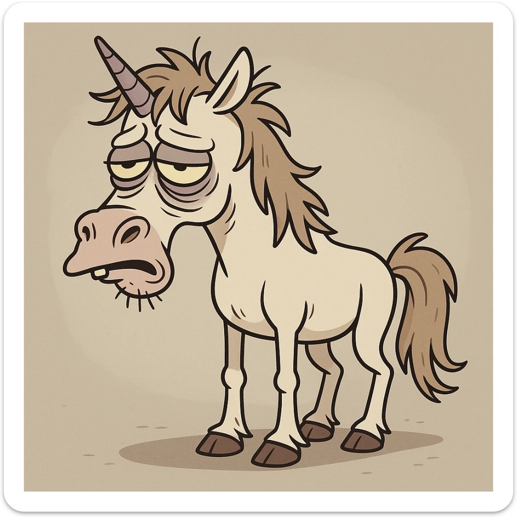 a disgusting, rumpled unicorn with bags under his eyes and a drooping horn, in a cartoonish style sticker